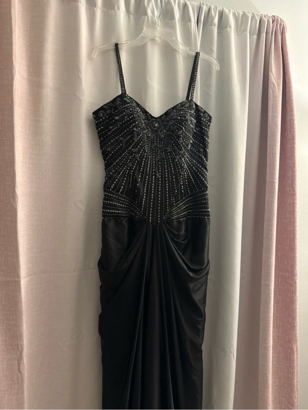 Beaded Black Spaghetti-Strap Prom Dress